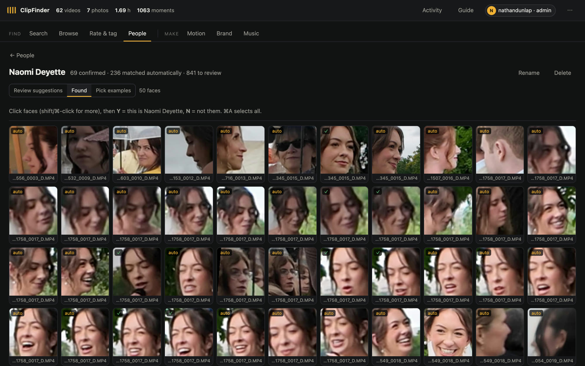 The Archive, People screen: Faces, only where an admin turns them on: 69 confirmed by a person and 236 matched automatically. The rest wait for a Y or an N.