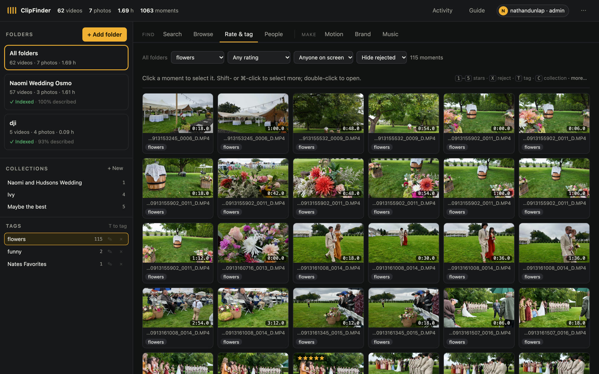 The Archive, Rate & tag screen: Star, reject and tag like Lightroom. Here, the 115 moments tagged “flowers”.